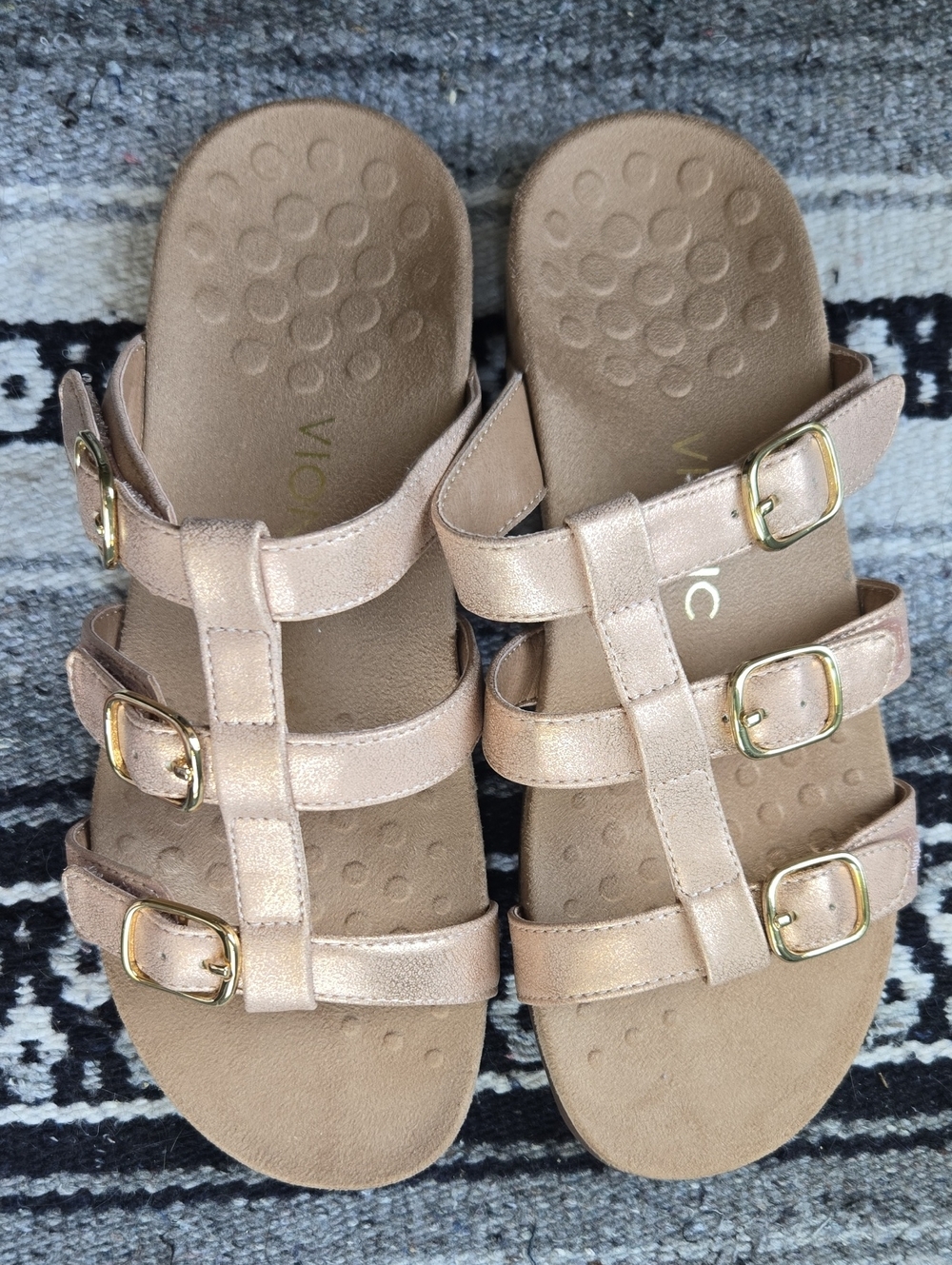 Metallic Rose Gold Buckle Slide Leather Sandals
